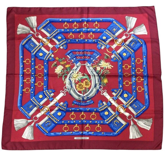 HERMES RED / BLUE MULTI AUX CHAMPS SQUARE SILK TWILL SCARF - Picture 1 of 9